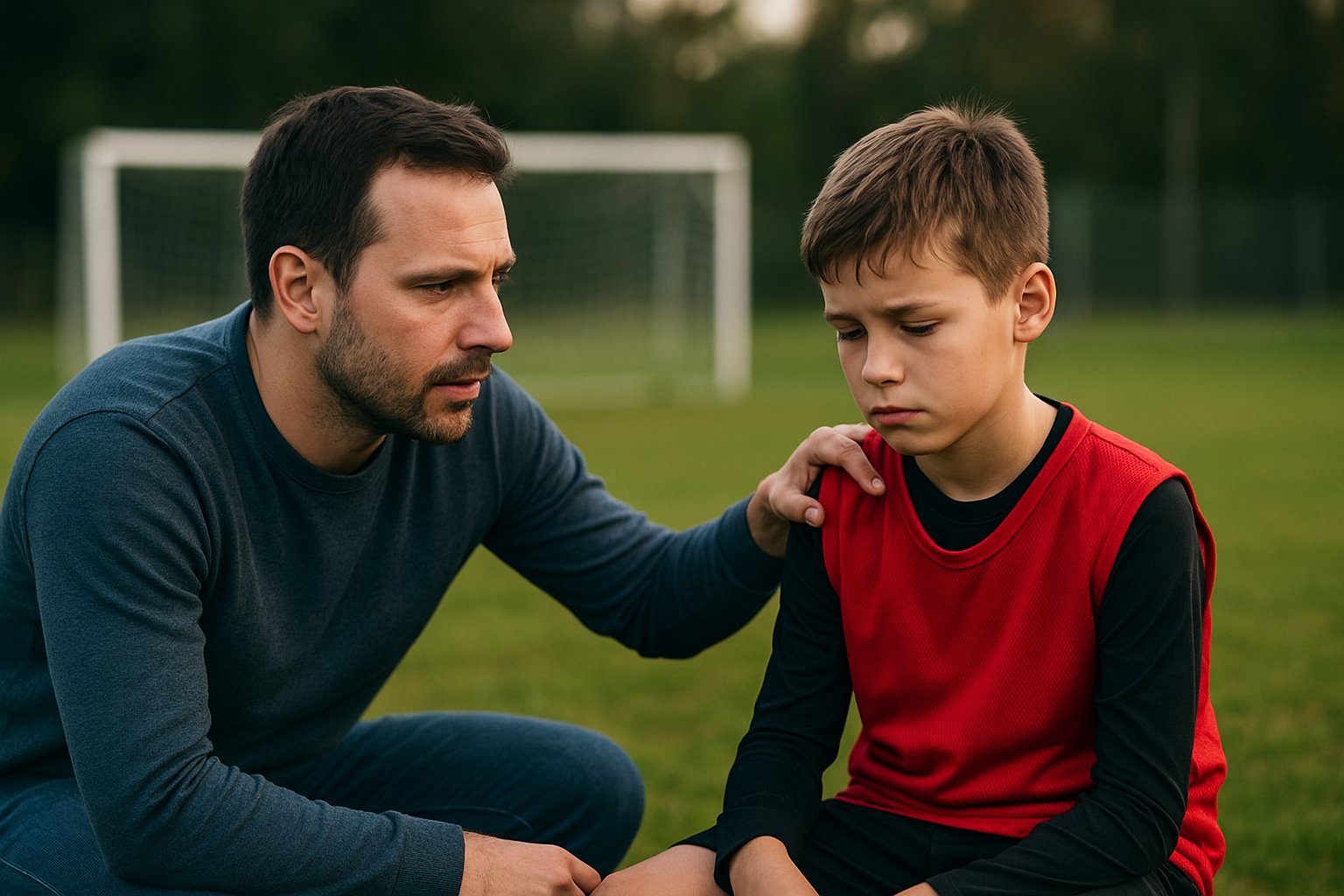 Pai conversando com o filho antes do treino (menino triste após treinar mal)