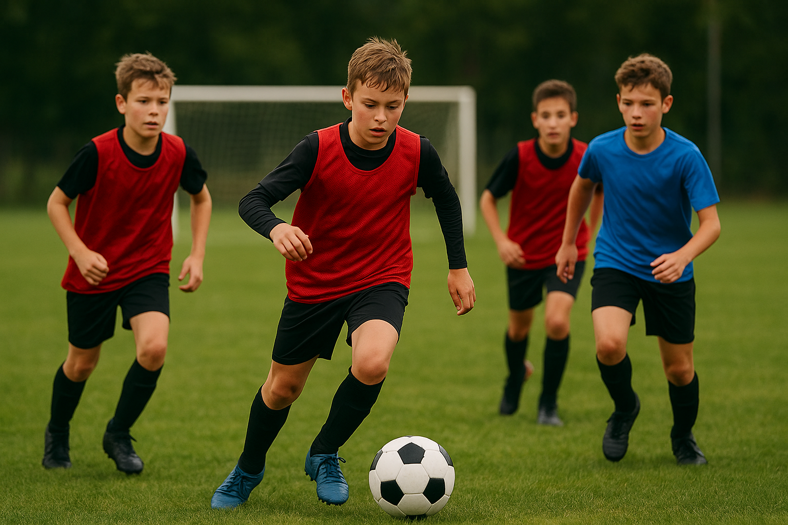 Meninos de 12 anos em treino de futebol de base, ilustrando a rotina e exigências da transição da escolinha para o futebol de base.