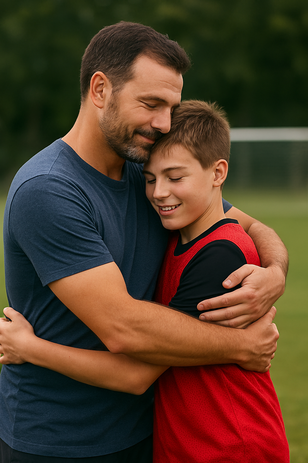 Pai abraçando o filho após o treino de futebol de base, reforçando o apoio emocional dos pais durante o desenvolvimento no esporte.