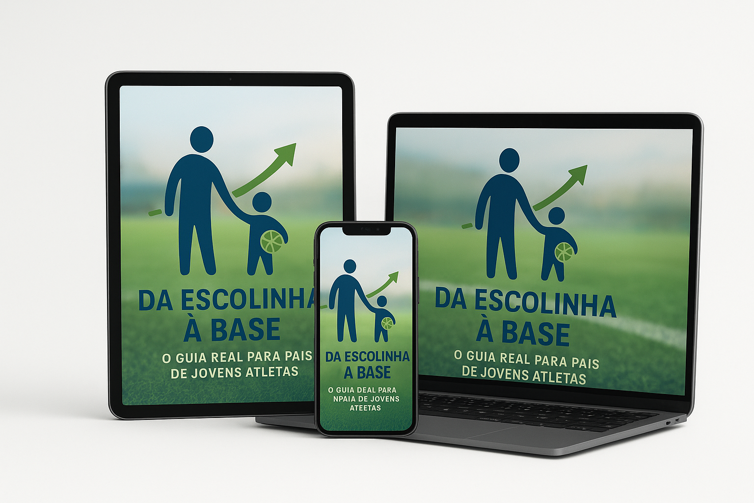 Mockup do guia digital para pais sobre a transição da escolinha para o futebol de base, mostrando o conteúdo na tela em formato profissional.